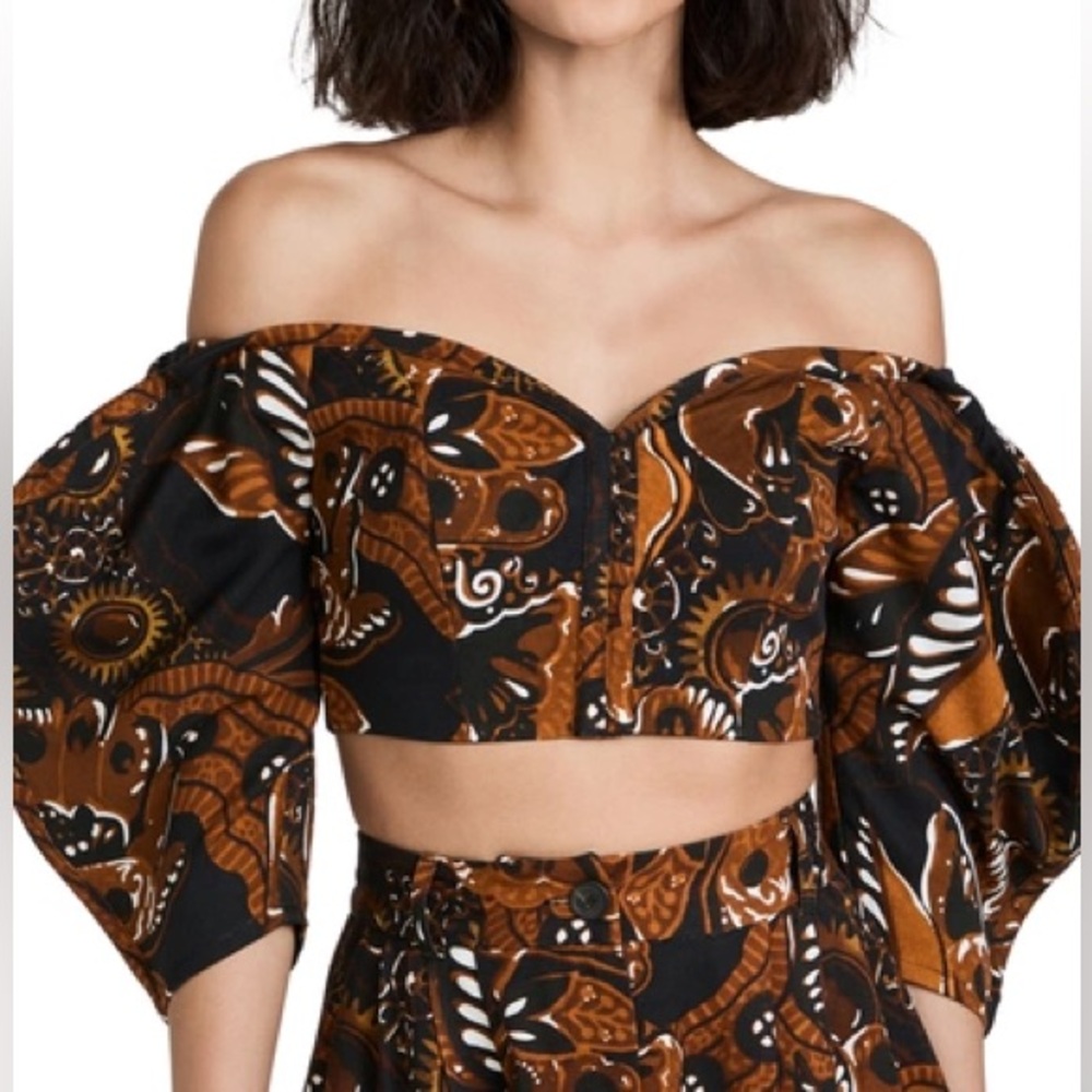 Mara Hoffman Juana Off The Shoulder Tencel Print Crop Top Brown NWT Size 00